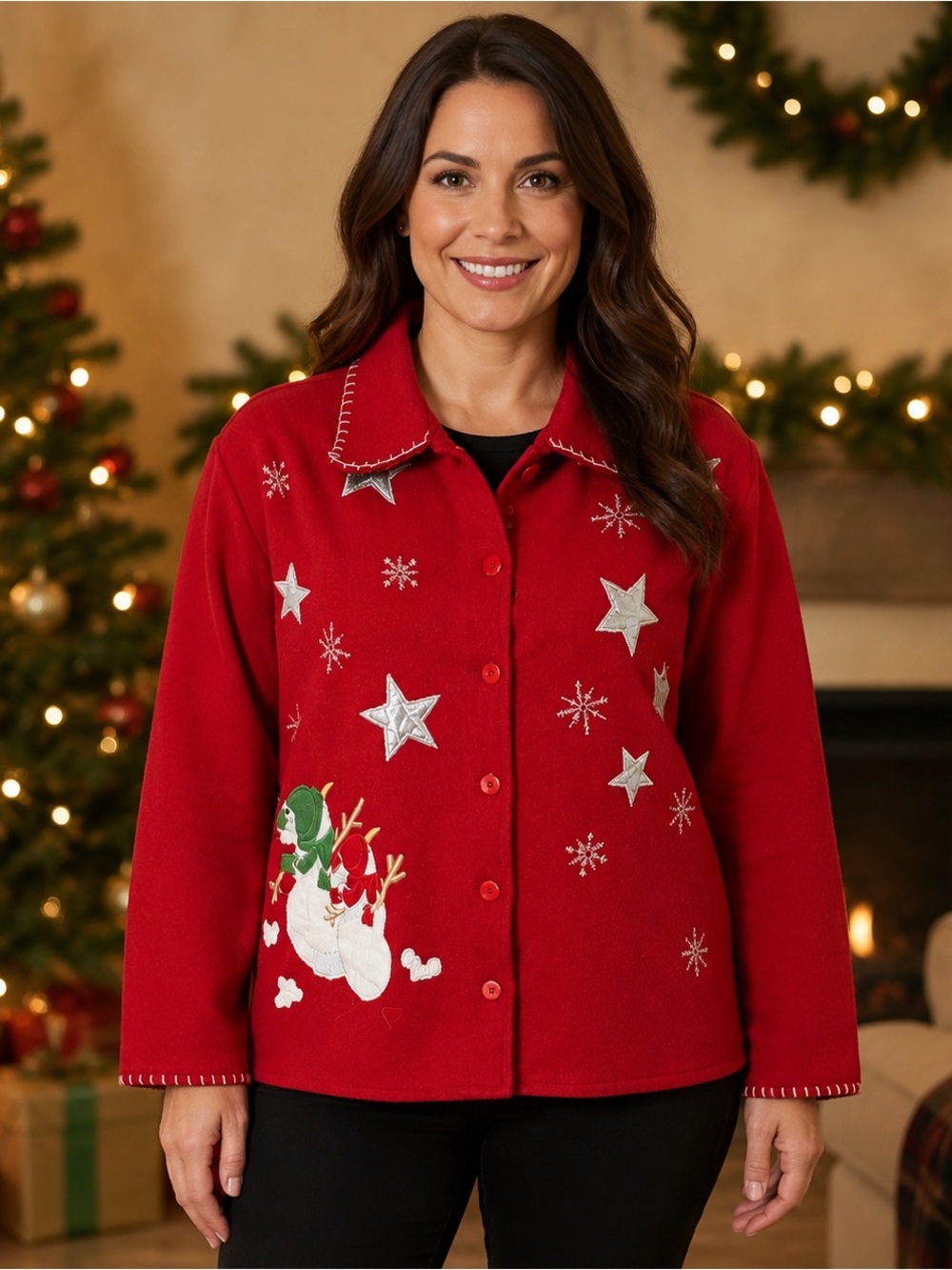 Vintage Take Two Clothing‎ Co Red Snowman Stars Embroidered Wool Blend Jacket M